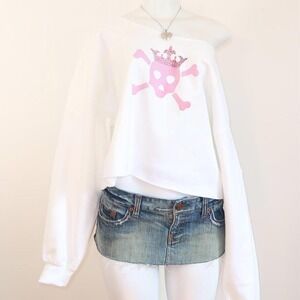 y2k pink skull crossbones graphic off shoulder cropped sweatshirt crown